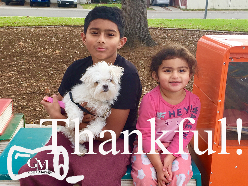 This shows a picture of my Grandson Aiden, my little dog Thor and my granddaughter Aryah. The words says, Thankful!