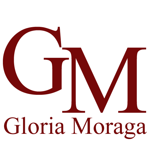 Gloria Moraga logo, red initials, GM, and the name Gloria Moraga at the bottom of the graphic.