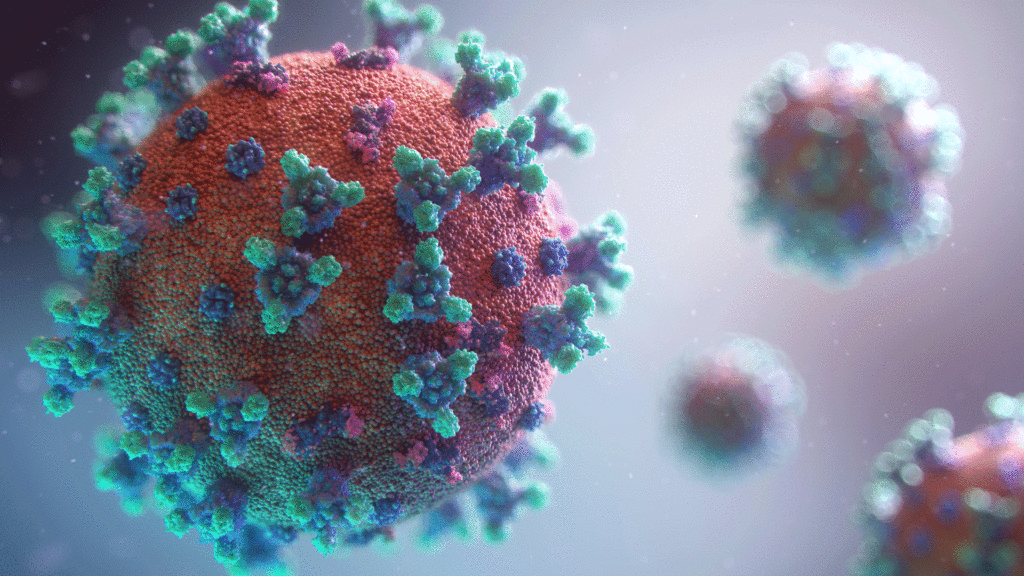 Graphic of COVID Virus Floating, with three more in the background.