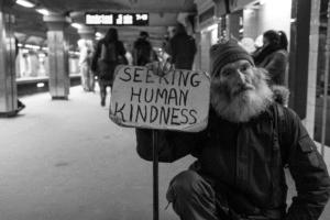 Homeless Man holding a sign that says, 