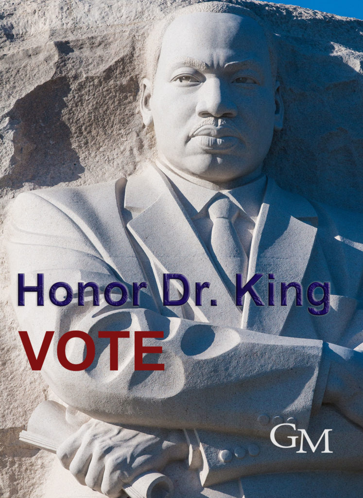 Image of Dr. Martin Luther King Jr. Statue shisled in Stone. This word are on the photo Honor Dr. King - VOTE