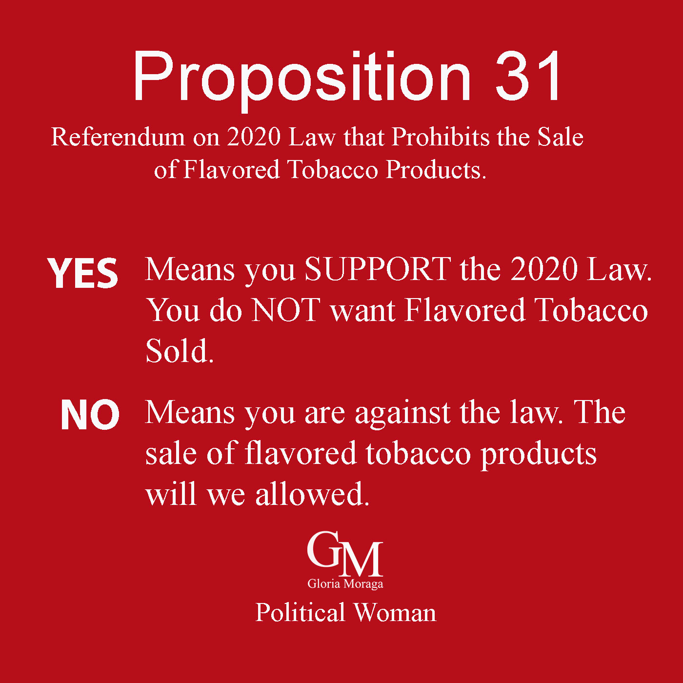 Prop. 31 Yes or No The sale of flavored tobacco products