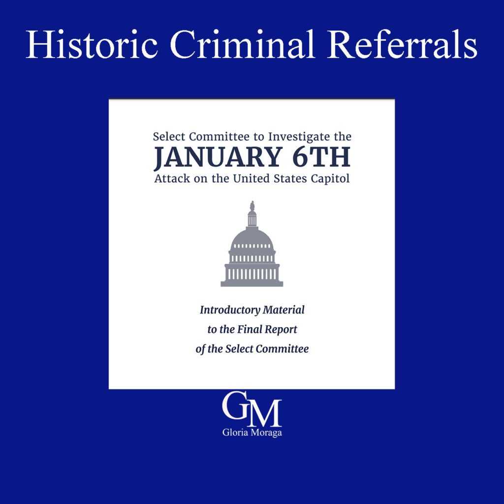 Historic Criminal Referrals. The cover page of the Select Committee report on the January 6th attack on the United States Capitol. White report on a blue background.