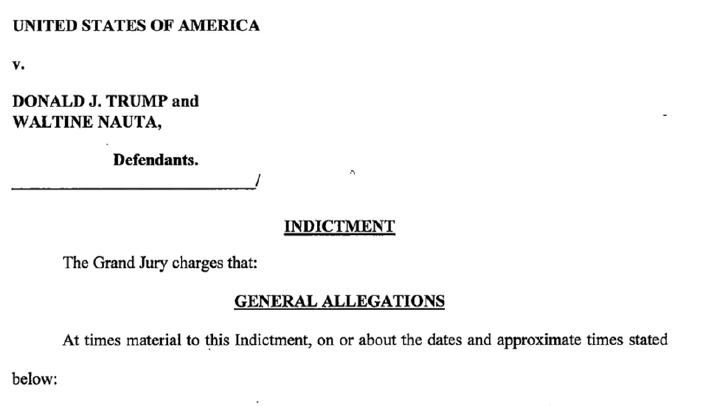 Trump Indictment Document. First Page